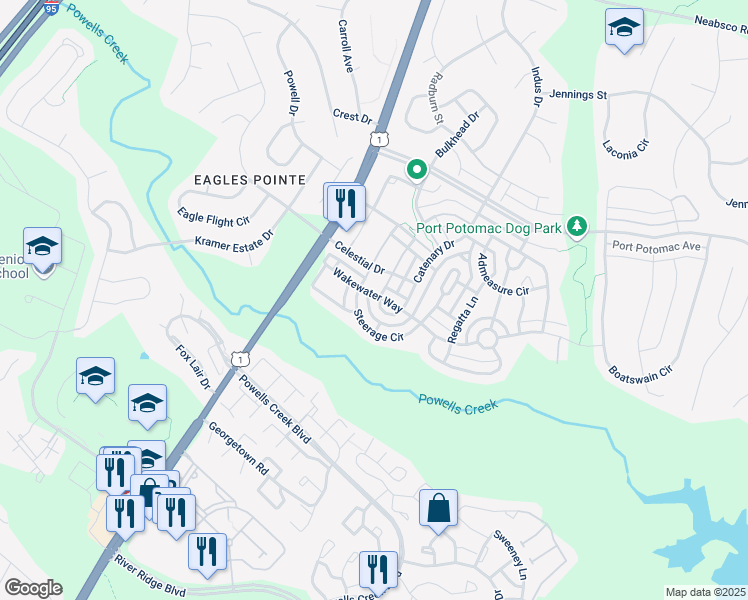 map of restaurants, bars, coffee shops, grocery stores, and more near 16600 Barge Circle in Woodbridge