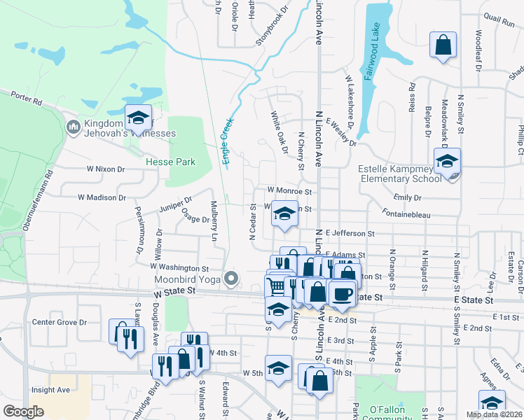 map of restaurants, bars, coffee shops, grocery stores, and more near 315 West Madison Street in O'Fallon