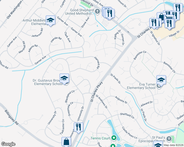 map of restaurants, bars, coffee shops, grocery stores, and more near 1160 Harvard Road in Waldorf