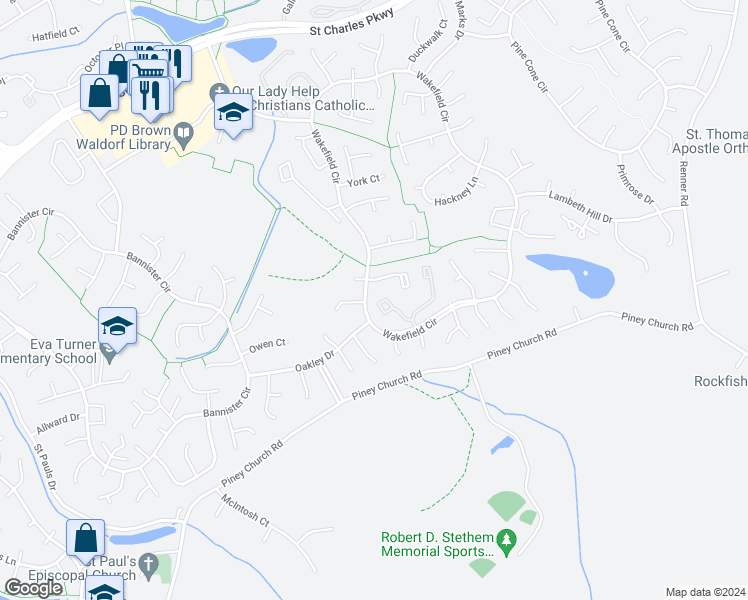map of restaurants, bars, coffee shops, grocery stores, and more near 2639 Rooks Head Place in Waldorf