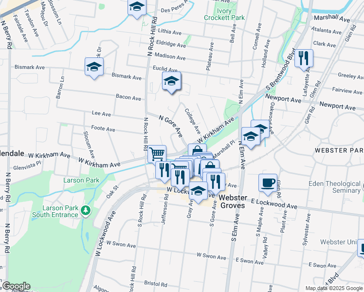 map of restaurants, bars, coffee shops, grocery stores, and more near 119 North Gore Avenue in Webster Groves