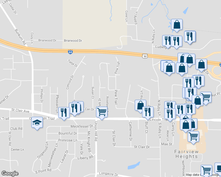 map of restaurants, bars, coffee shops, grocery stores, and more near 201 Roselawn Avenue in Fairview Heights