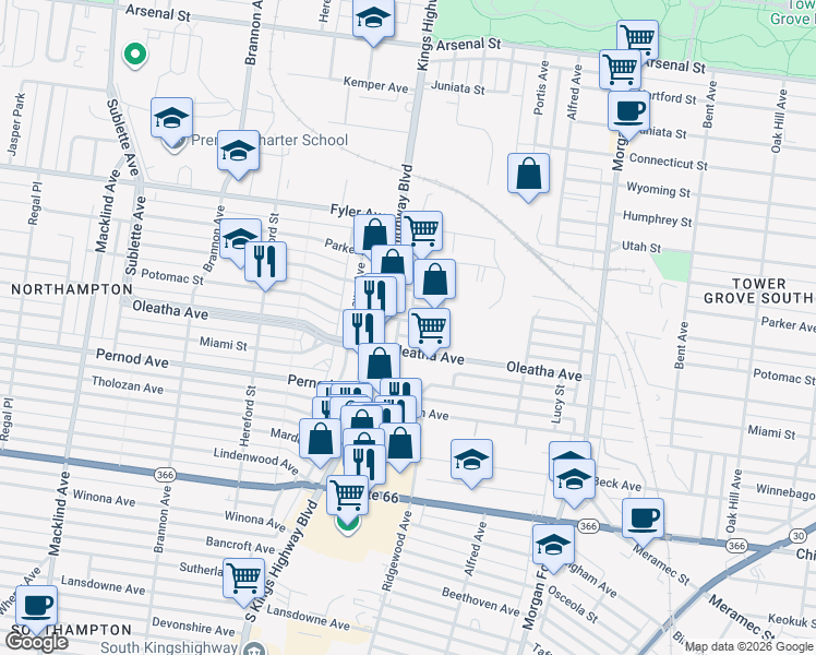 map of restaurants, bars, coffee shops, grocery stores, and more near 4832 Potomac Street in St. Louis