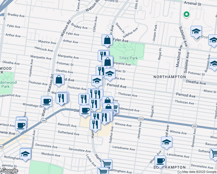 map of restaurants, bars, coffee shops, grocery stores, and more near in St. Louis