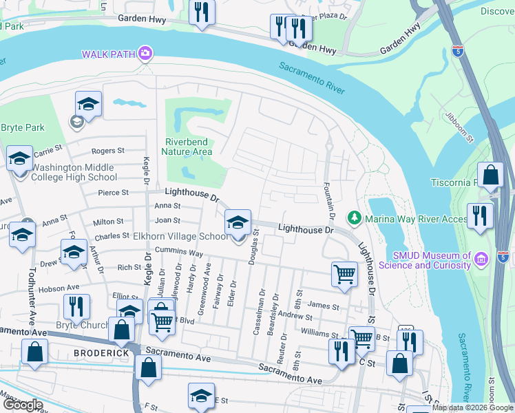map of restaurants, bars, coffee shops, grocery stores, and more near 504 Douglas Street in West Sacramento