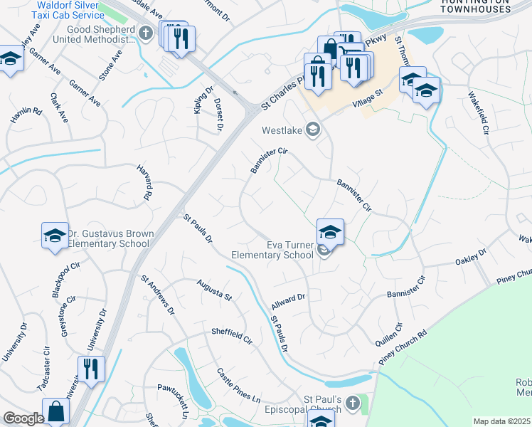 map of restaurants, bars, coffee shops, grocery stores, and more near 2111 Gibbons Court in Waldorf