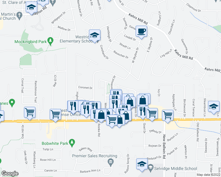 map of restaurants, bars, coffee shops, grocery stores, and more near 138 Burtonwood Drive in Ballwin