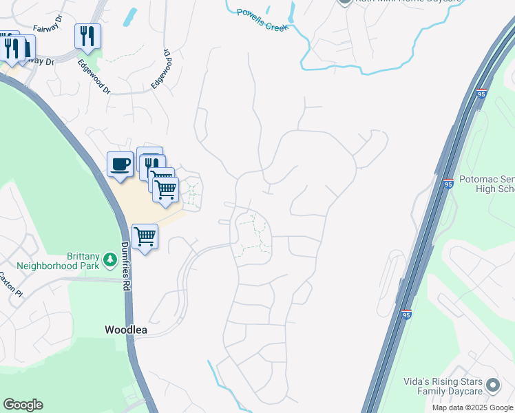 map of restaurants, bars, coffee shops, grocery stores, and more near 16453 Sparkling Brook Loop in Dumfries
