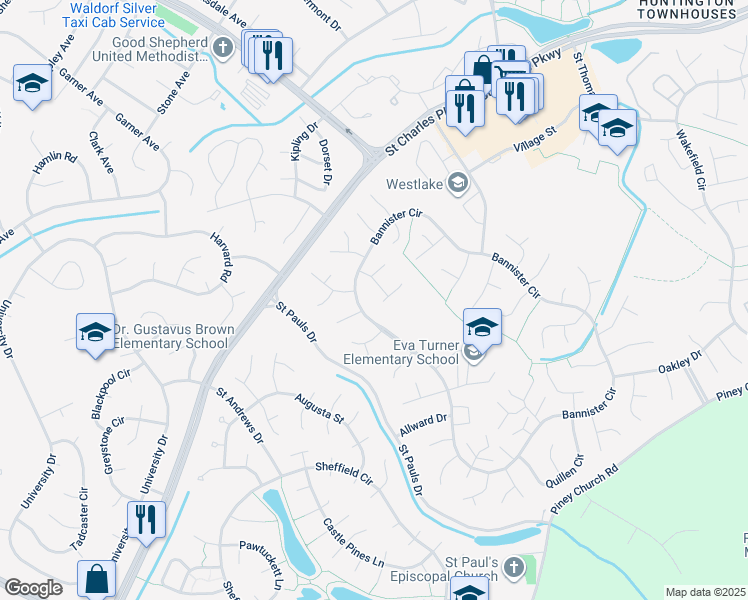 map of restaurants, bars, coffee shops, grocery stores, and more near 2119 Gibbons Court in Waldorf