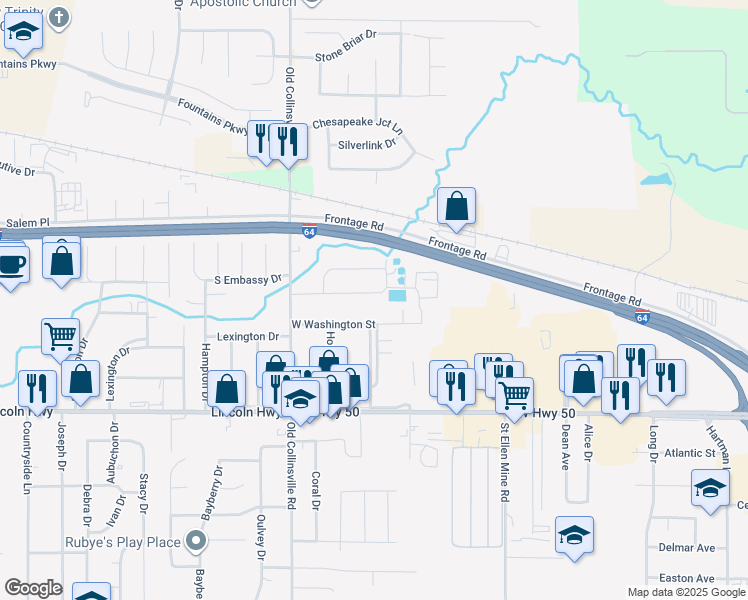 map of restaurants, bars, coffee shops, grocery stores, and more near 1801 Crestview Drive in O'Fallon