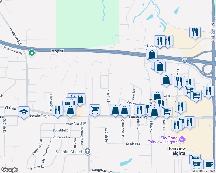 map of restaurants, bars, coffee shops, grocery stores, and more near 51 Roselawn Court in Fairview Heights