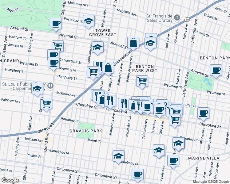 map of restaurants, bars, coffee shops, grocery stores, and more near 3027 Utah Street in St. Louis