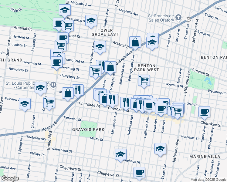 map of restaurants, bars, coffee shops, grocery stores, and more near 3259 Michigan Avenue in St. Louis