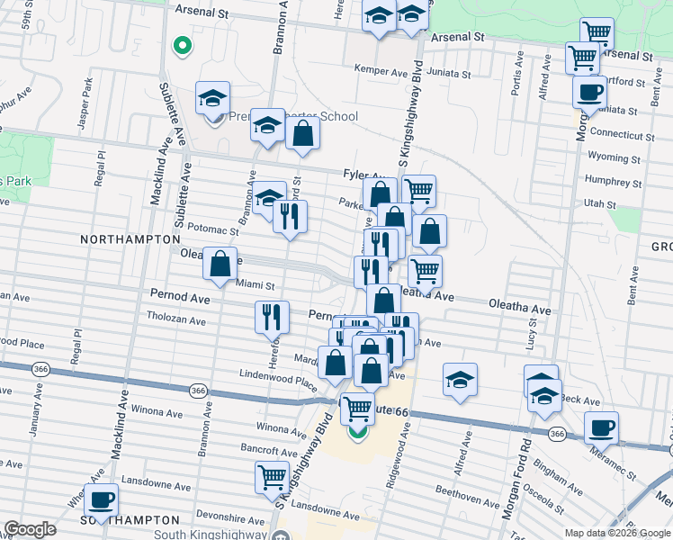 map of restaurants, bars, coffee shops, grocery stores, and more near 4941 Oleatha Avenue in St. Louis