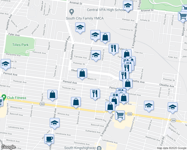 map of restaurants, bars, coffee shops, grocery stores, and more near 5046 Oleatha Avenue in St. Louis