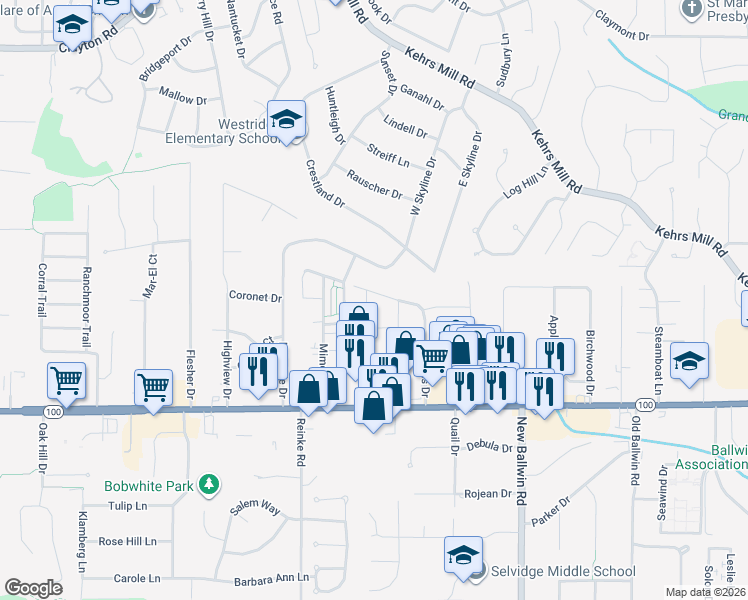 map of restaurants, bars, coffee shops, grocery stores, and more near 154 Romine Circle in Ballwin