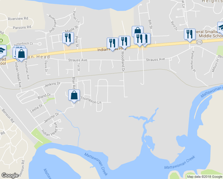 map of restaurants, bars, coffee shops, grocery stores, and more near 100 Woodland Drive in Indian Head