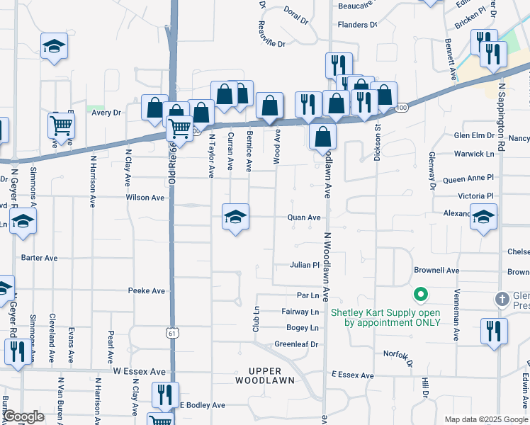 map of restaurants, bars, coffee shops, grocery stores, and more near 321 Quan Avenue in Kirkwood