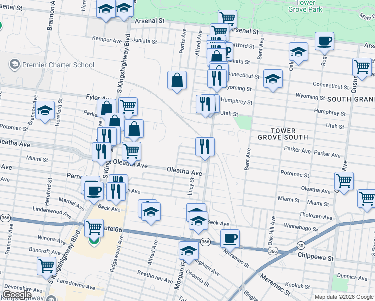 map of restaurants, bars, coffee shops, grocery stores, and more near 4360 Fairview Avenue in St. Louis