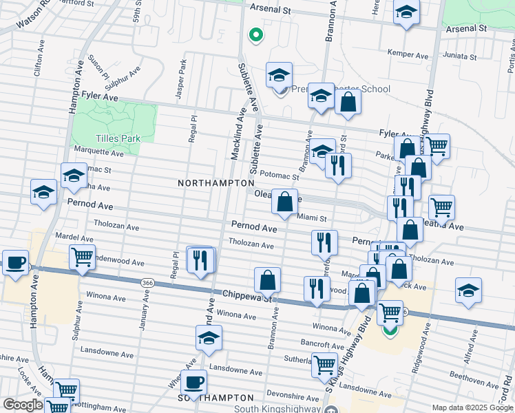 map of restaurants, bars, coffee shops, grocery stores, and more near 5301 Miami Street in St. Louis