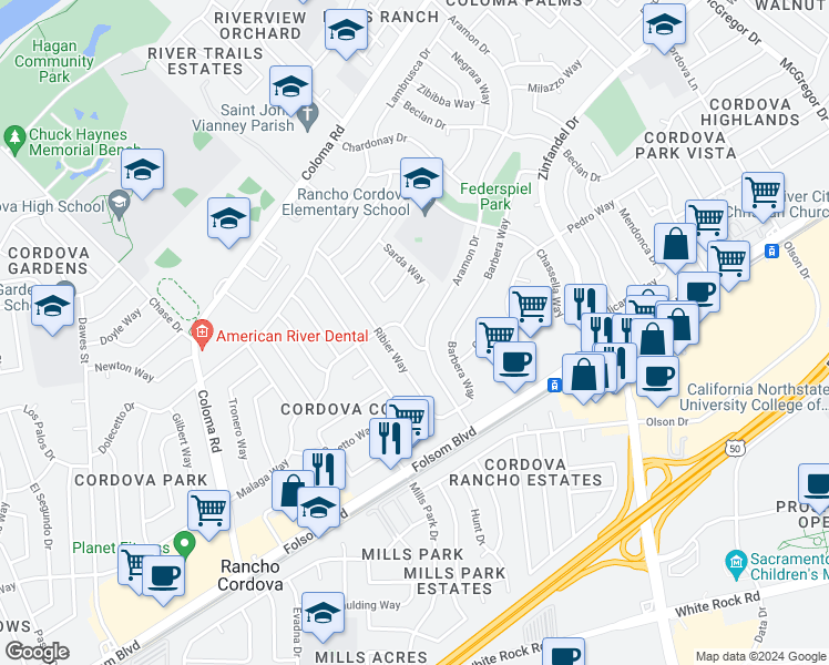 map of restaurants, bars, coffee shops, grocery stores, and more near 10575 Malaga Way in Rancho Cordova