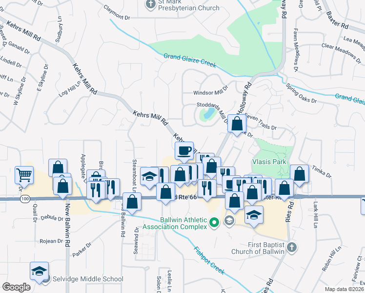 map of restaurants, bars, coffee shops, grocery stores, and more near 136 Essen Place Drive in Ballwin