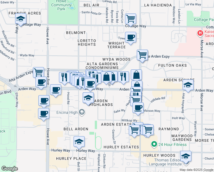 map of restaurants, bars, coffee shops, grocery stores, and more near 2385 Arden Way in Sacramento