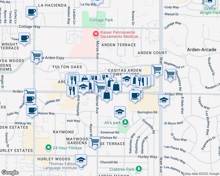 map of restaurants, bars, coffee shops, grocery stores, and more near 3137 Arden Way in Sacramento