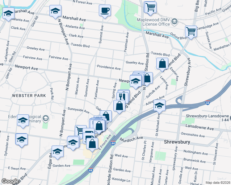 map of restaurants, bars, coffee shops, grocery stores, and more near 350 Spring Avenue in Webster Groves
