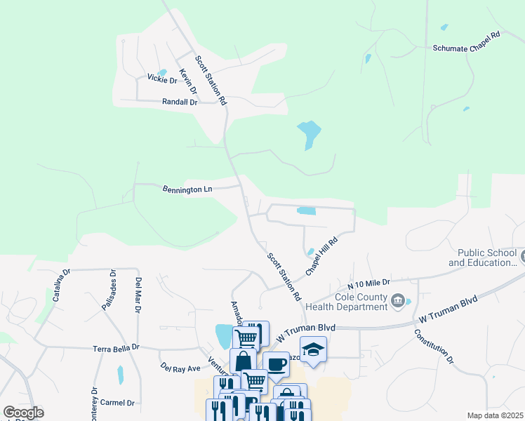 map of restaurants, bars, coffee shops, grocery stores, and more near 3708 N Rock Beacon Rd in Jefferson City