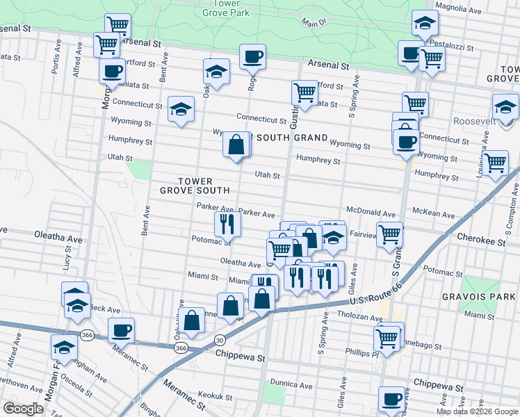 map of restaurants, bars, coffee shops, grocery stores, and more near 3935 Parker Avenue in St. Louis