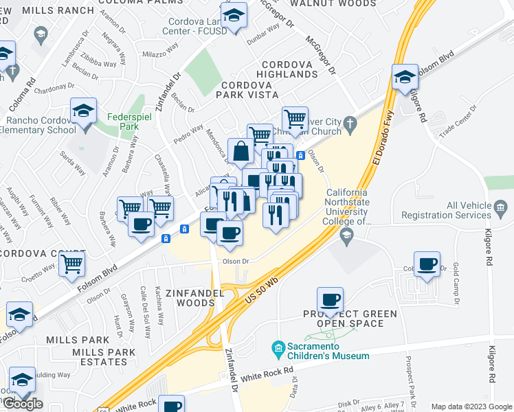 map of restaurants, bars, coffee shops, grocery stores, and more near 10880 Olson Drive in Rancho Cordova