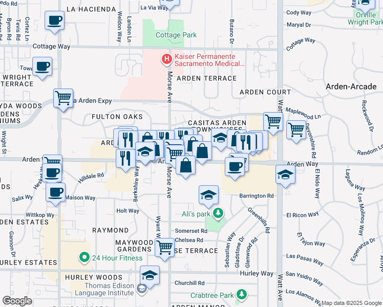 map of restaurants, bars, coffee shops, grocery stores, and more near 3137 Arden Way in Sacramento