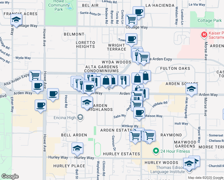 map of restaurants, bars, coffee shops, grocery stores, and more near 2401 Arden Way in Sacramento