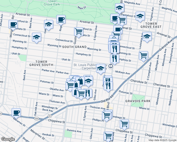 map of restaurants, bars, coffee shops, grocery stores, and more near 3800 McDonald Avenue in St. Louis