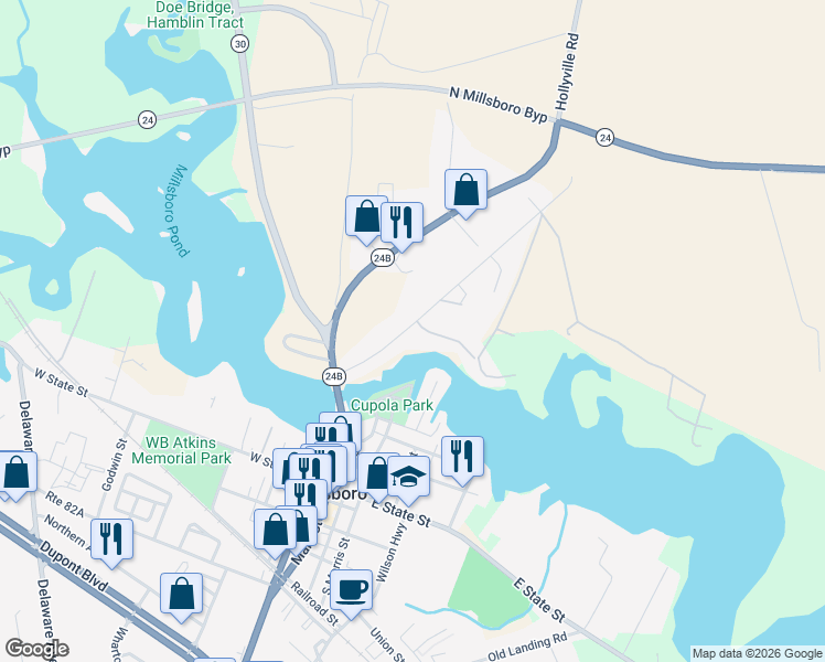 map of restaurants, bars, coffee shops, grocery stores, and more near 26508 Jersey Road in Millsboro