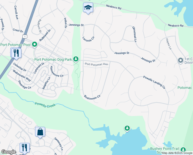 map of restaurants, bars, coffee shops, grocery stores, and more near 2456 Trimaran Way in Woodbridge