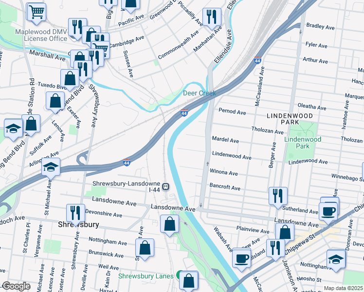 map of restaurants, bars, coffee shops, grocery stores, and more near 7165 Lindenwood Place in St. Louis