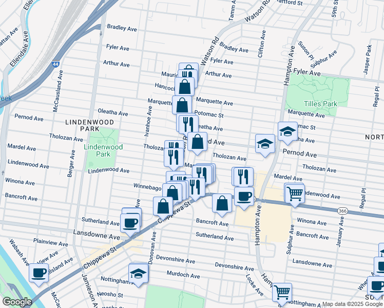 map of restaurants, bars, coffee shops, grocery stores, and more near 3631 Childress Avenue in St. Louis