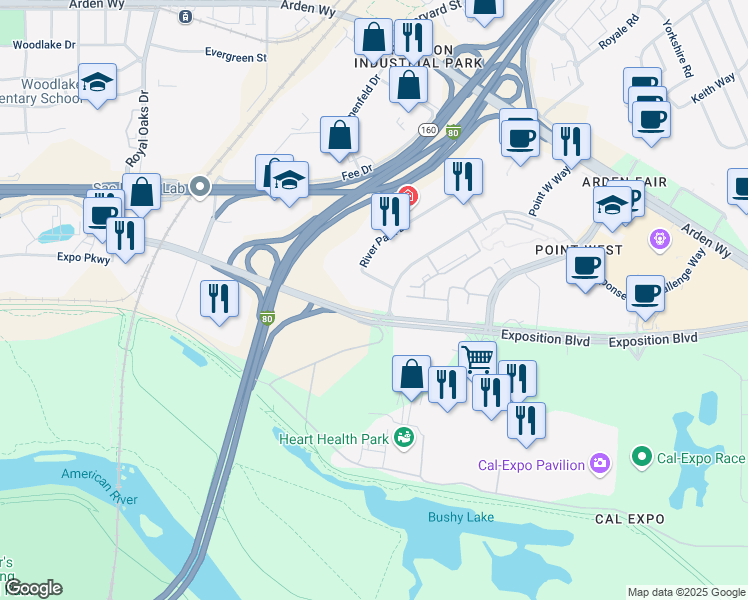 map of restaurants, bars, coffee shops, grocery stores, and more near in Sacramento