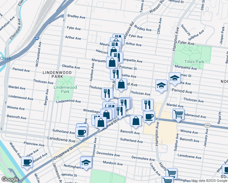 map of restaurants, bars, coffee shops, grocery stores, and more near 3632 Watson Road in St. Louis