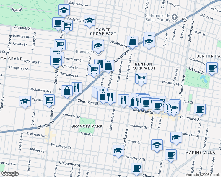 map of restaurants, bars, coffee shops, grocery stores, and more near 3260 Michigan Avenue in St. Louis