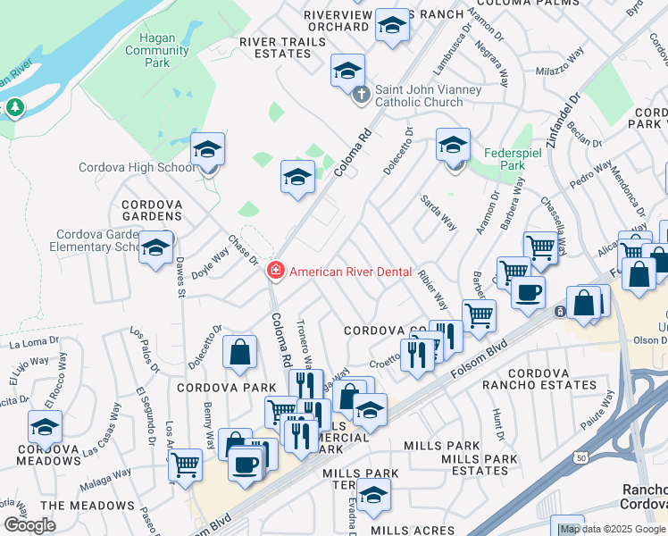 map of restaurants, bars, coffee shops, grocery stores, and more near 10452 Dolecetto Drive in Rancho Cordova