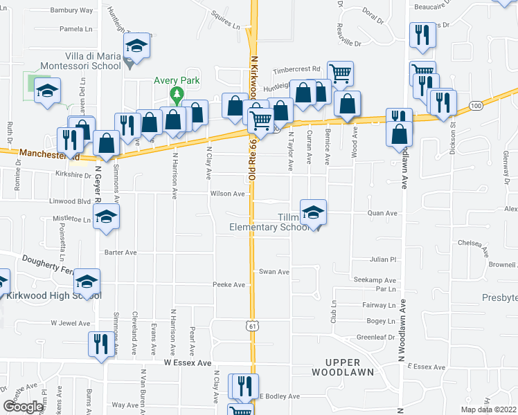 map of restaurants, bars, coffee shops, grocery stores, and more near 903 North Kirkwood Road in Kirkwood