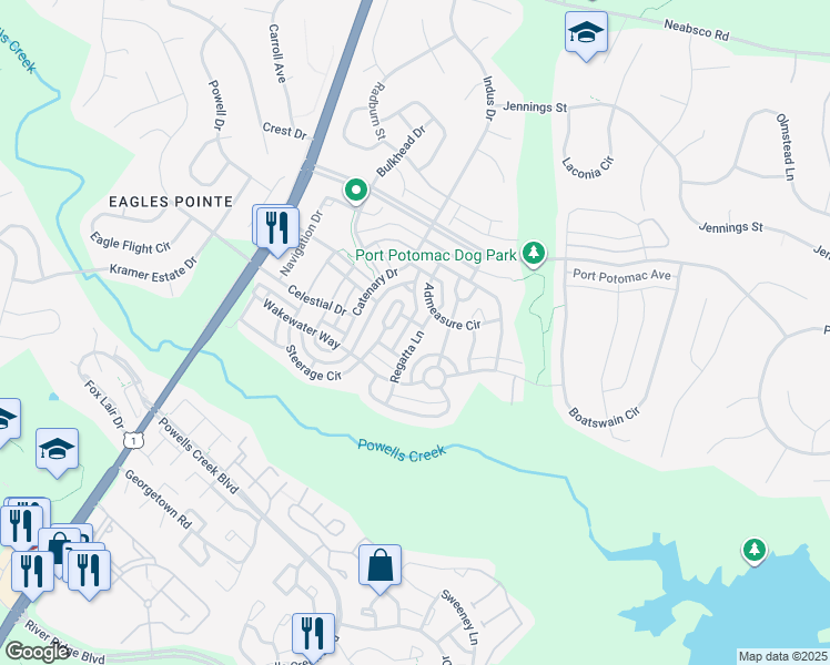 map of restaurants, bars, coffee shops, grocery stores, and more near 16414 Regatta Lane in Woodbridge
