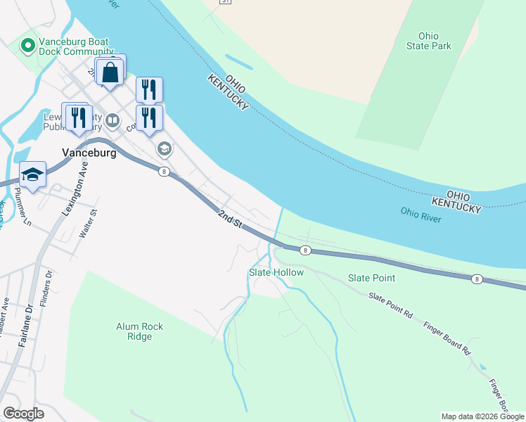 map of restaurants, bars, coffee shops, grocery stores, and more near 42 Denham Trailer Park in Vanceburg