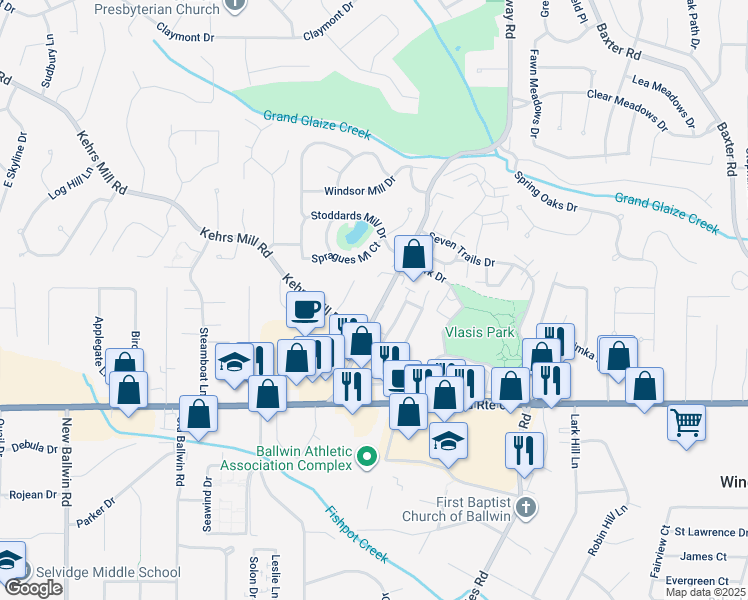 map of restaurants, bars, coffee shops, grocery stores, and more near 131 Holloway Road in Ballwin