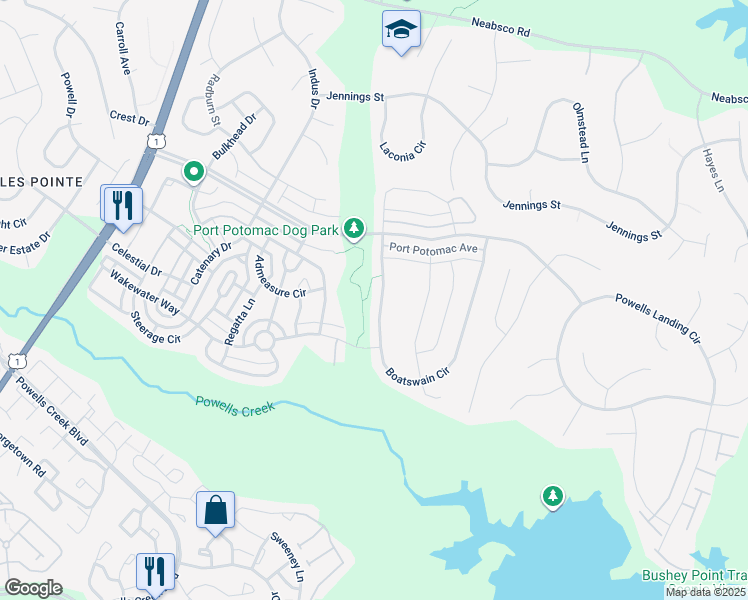 map of restaurants, bars, coffee shops, grocery stores, and more near 16491 Boatswain Circle in Woodbridge