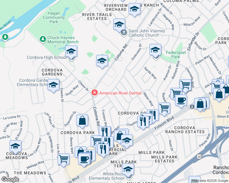 map of restaurants, bars, coffee shops, grocery stores, and more near 10452 Dolecetto Drive in Rancho Cordova