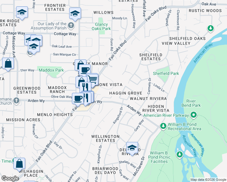 map of restaurants, bars, coffee shops, grocery stores, and more near 5228 Marione Drive in Carmichael